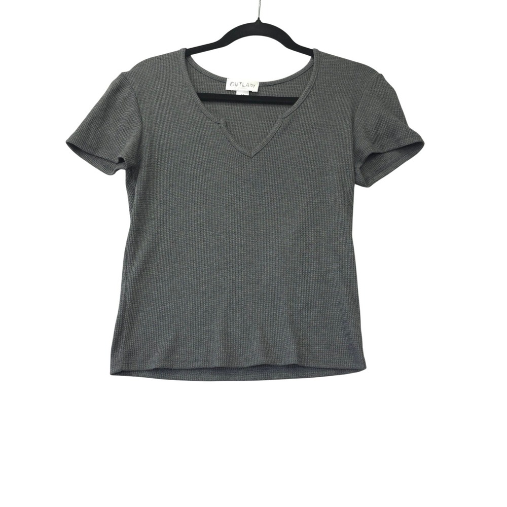 Outlaw Women Gray Waffle Knit Notched V-Neck Short Sleeve Thermal Top Size M